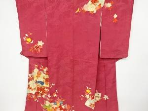 アンティーク　紋錦紗地紙に梅菊牡丹模様一つ紋着物